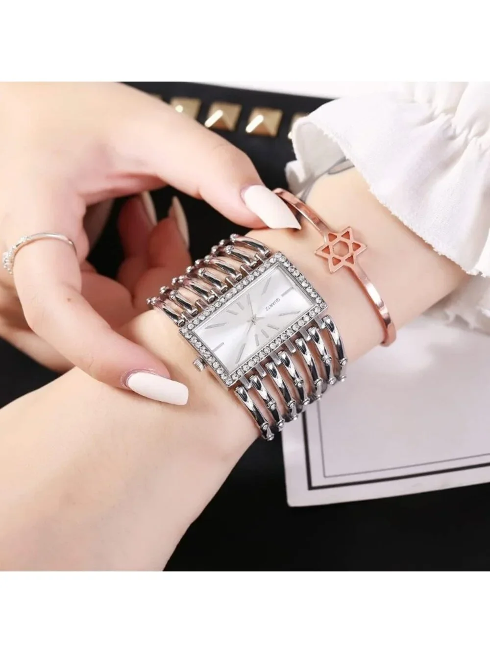 Women's Silver Luxury Rectangular Case Analog Quartz Fashion Dress Wrist Watches
